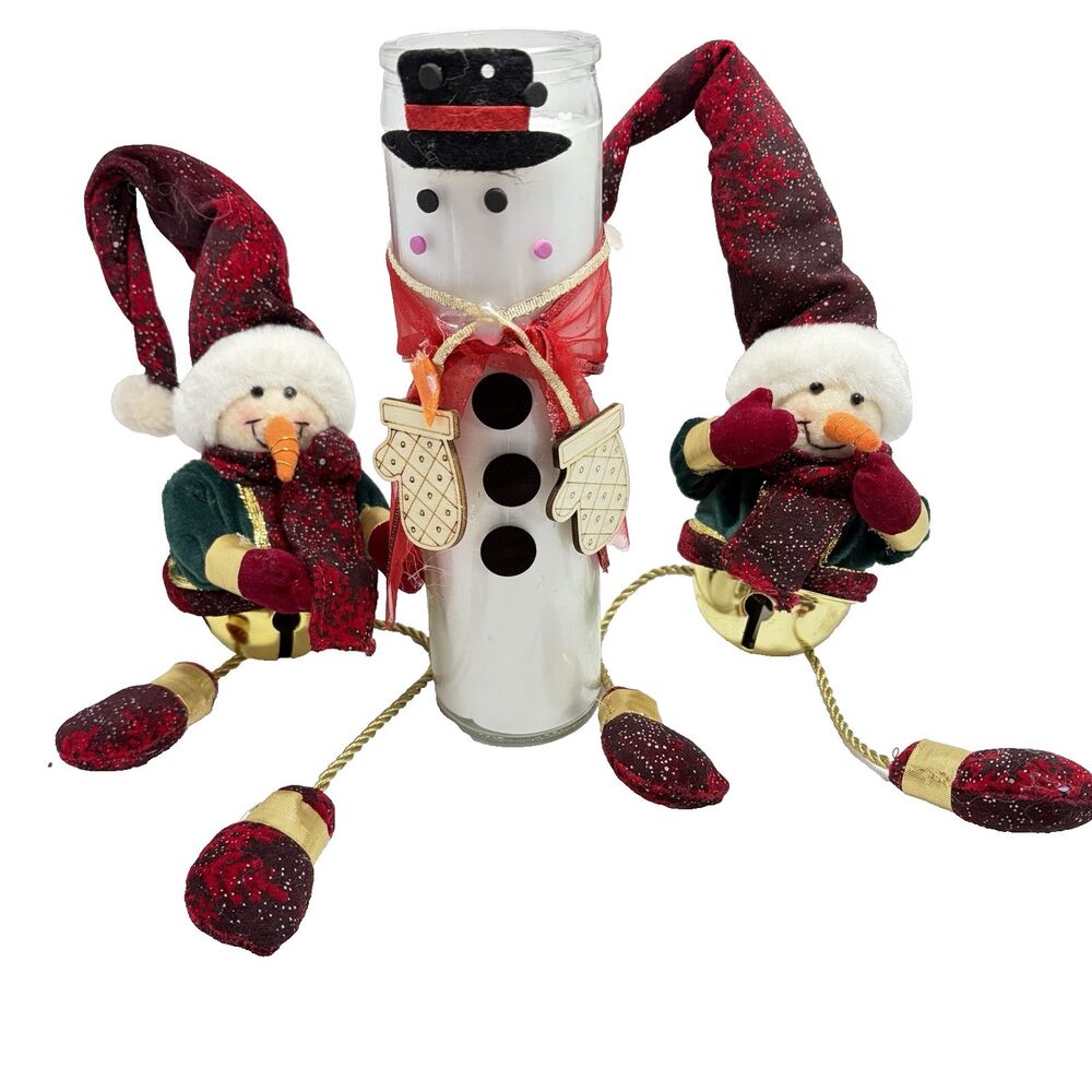 Christmas Snowman Lot of 3- 2 Shelf Sitters w/ Bell Legs & Candle- Holiday Decor